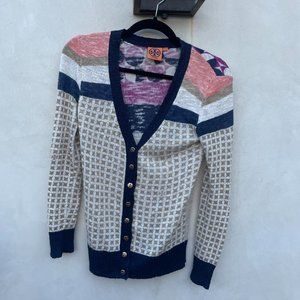 Tory Burch Cardigan Knit Sweater XXS Floral Petals Geometric Button-up